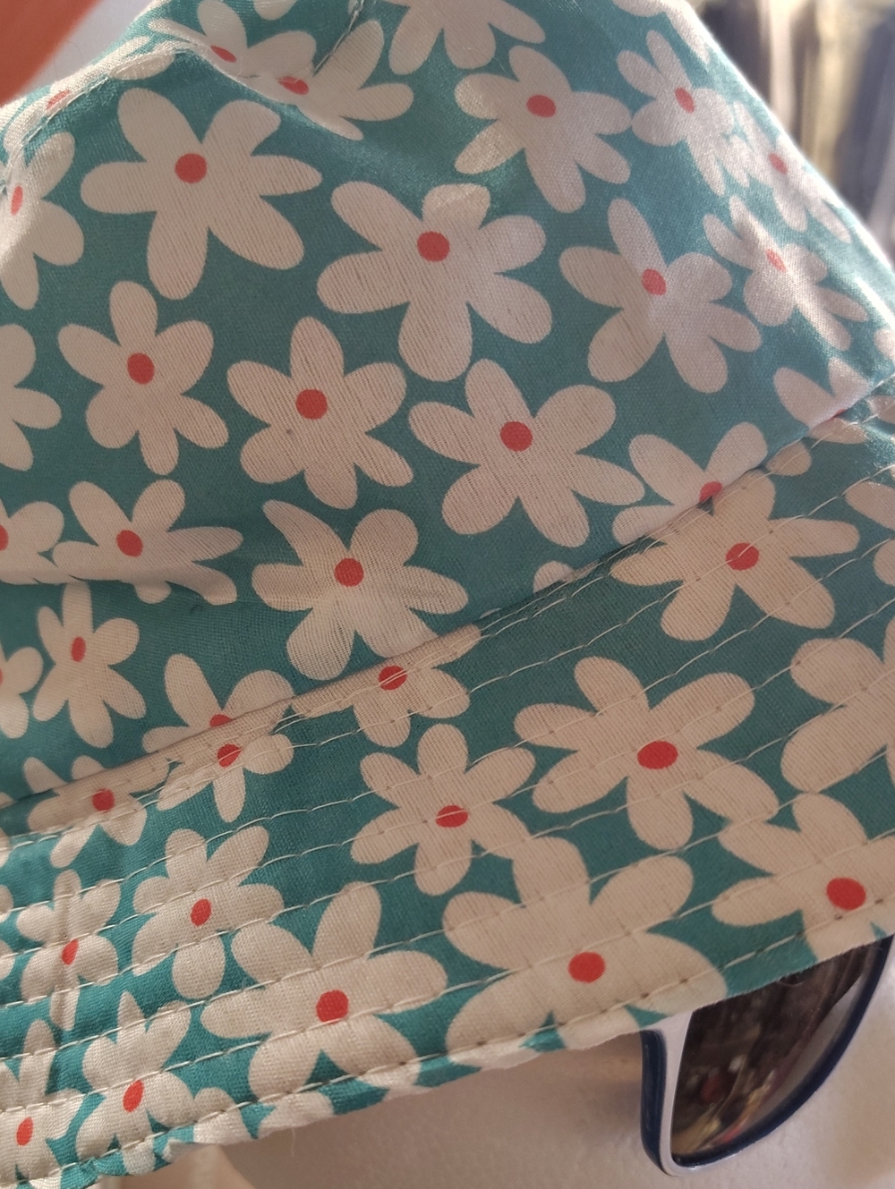 Floral Daisy Bucket Hat in Teal & White with Coral Centers